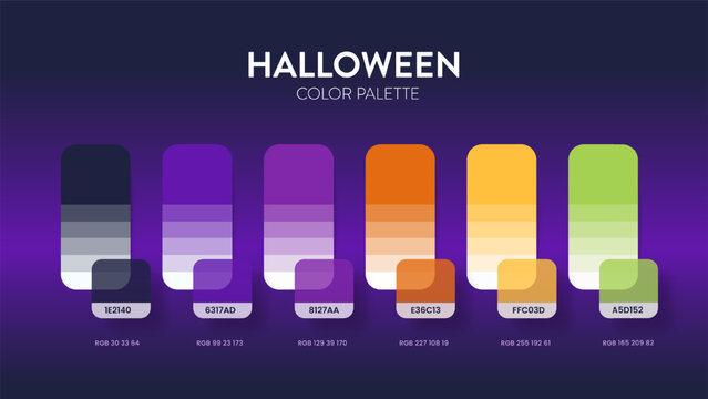 Color palette guide in Halloween colour theme collections. Color inspiration or chart with codes template. Color combination RGB. Colors swatches for graphic design, art, fashion or website. Vector.