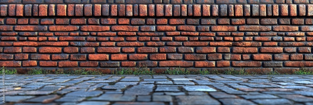 Aufkleber A weathered brick wall with a cobblestone path in front, a simple backdrop for showcasing creative ideas