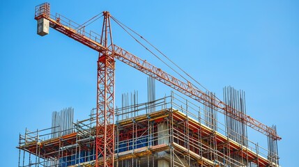 Towering Crane Lifting Steel Beams at Bustling Construction Site with Scaffolding and Blue Sky