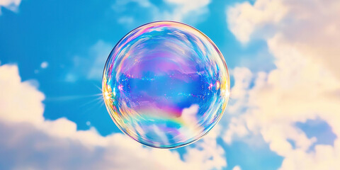 A bubble with rainbow colors floating in the sky