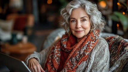 top view of senior woman with laptop sitting outdoors on terrace resting