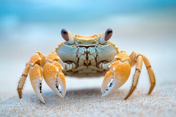 A close-up shot of a crab on a sandy beach. Funny animals in wildlife generative ai