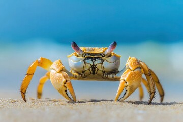 A close-up shot of a crab on a sandy beach. Funny animals in wildlife generative ai