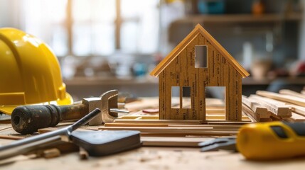Fototapeta premium Miniature Wooden House Model with Construction Tools on Workbench in Workshop