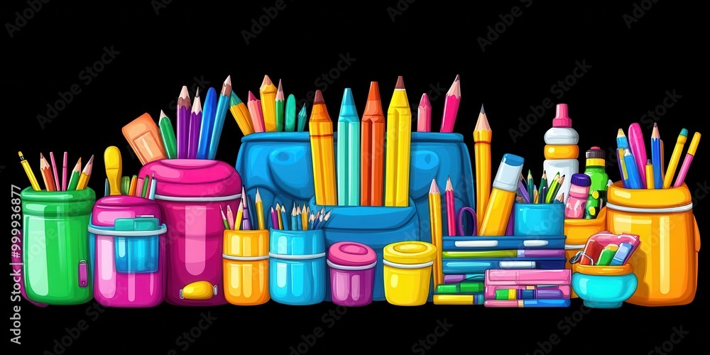 Poster a colorful collection of school supplies arranged in order with a pencil case in the center