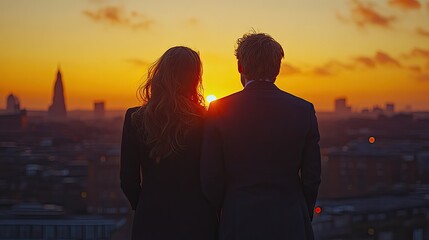 Fototapeta premium two businesspeople standing against london rooftop view at sunset laughing