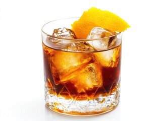 Delicious old fashion cocktail in the etched glass with ice and orange slices, isolated on white