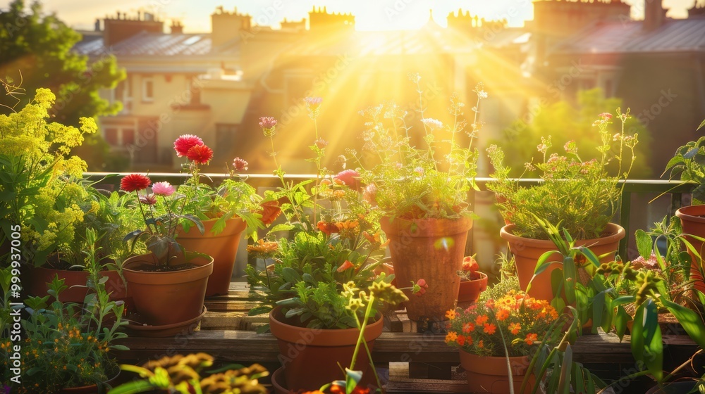 Poster Sunlit Balcony Garden with Blooming Flowers