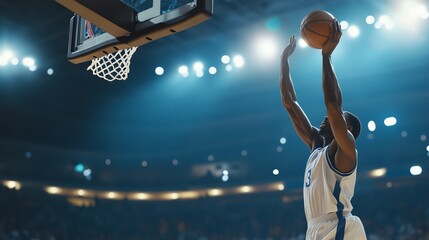 Obraz premium A basketball player goes up for a jump shot in a stadium.