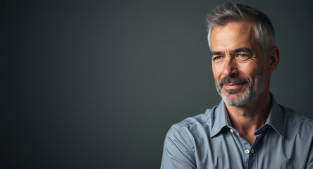 Obraz premium Mature man with confident smile looking thoughtful against dark background with copy space