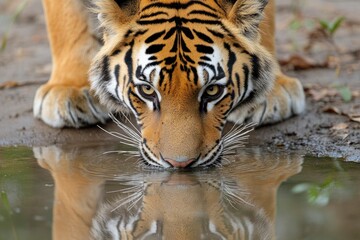 Fototapeta premium A magnificent Bengal Tiger and his reflection while drinking water -generative ai