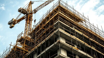 Tall Building Under Construction with Crane and Scaffolding Against Cloudy Sky