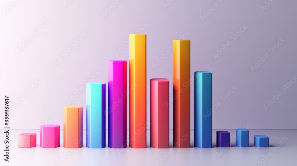 Fototapete A 3D bar chart with vibrant bars in varying heights, placed on a white background with clean shadows and labels, perfect for visualizing business or financial data.