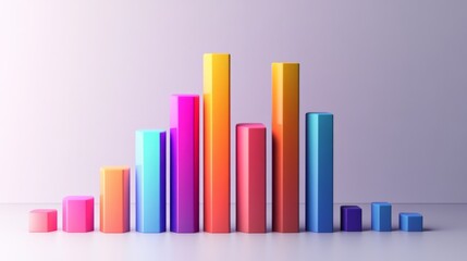 A 3D bar chart with vibrant bars in varying heights, placed on a white background with clean shadows and labels, perfect for visualizing business or financial data.