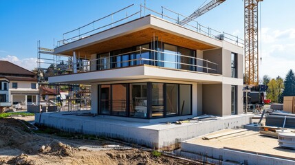 Modern Residential House Under Construction with Scaffolding and Crane on Construction Site