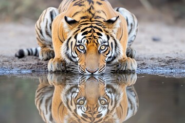 Obraz premium A magnificent Bengal Tiger and his reflection while drinking water -generative ai