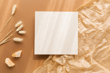 Overhead view of a blank piece of square card, crumpled paper and hare's tail grass (Lagurus ) and crystals on a wooden table in sunlight