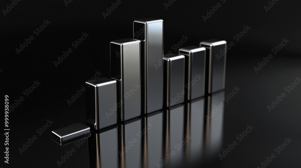 Aufkleber A 3D financial bar graph with metallic bars, representing revenue comparison between different companies, placed on a reflective surface with a sleek black background.