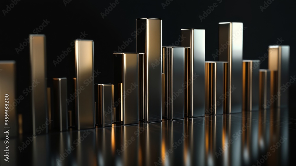Aufkleber A 3D financial bar graph with metallic bars, representing revenue comparison between different companies, placed on a reflective surface with a sleek black background.