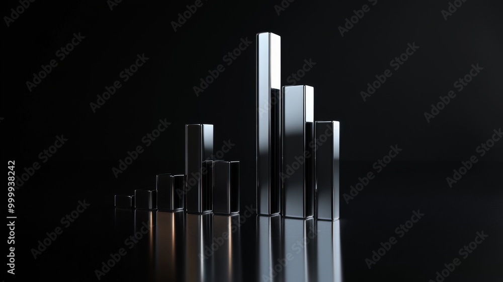 Poster A 3D financial bar graph with metallic bars, representing revenue comparison between different companies, placed on a reflective surface with a sleek black background.