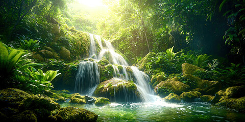 A lush green forest with a waterfall and a stream