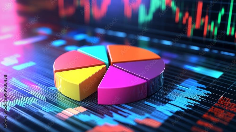 Aufkleber a 3d financial pie chart with vibrant colors, representing different revenue streams, set against a 