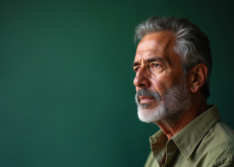 Fototapeta premium Senior man with thoughtful expression gazing into distance against green background with copy space
