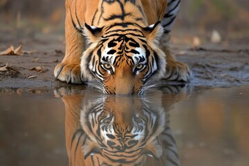 Naklejka premium A magnificent Bengal Tiger and his reflection while drinking water -generative ai