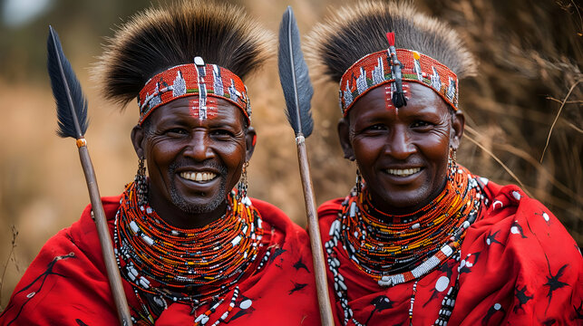 African Tribesmen in Traditional Dress and Headdresses Smile