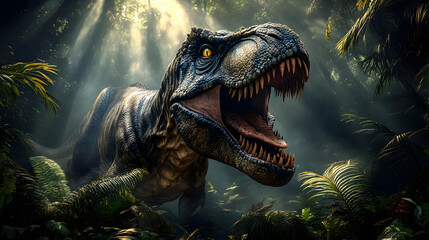 Obraz premium Tyrannosaurus Rex Roars Through the Prehistoric Jungle