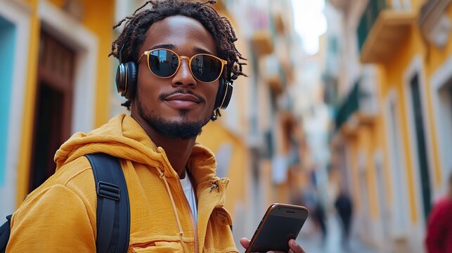 vertical footage of cool young man with headphones and smartphone outdoors in town putting on sunglasses