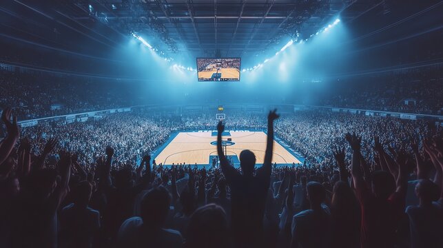 A crowd of people watch a basketball game from the stands.