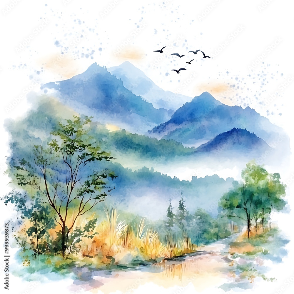 Sticker Watercolor Painting of a Serene Mountain Landscape with Birds Flying Over a Stream