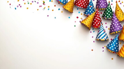 Fototapeta premium A festive background featuring a collection of colorful party hats scattered on a white surface, with confetti adding to the celebratory ambiance.