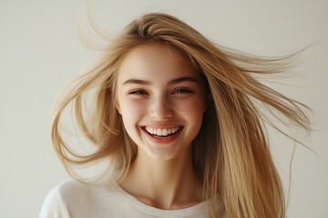 Fototapeta premium Human face expressions and emotions. Positive joyful young beautiful female with fair straight hair in casual clothing, laughing at joke, looking at camera and pleasantly smiling