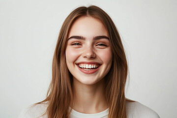 Fototapeta premium Human face expressions and emotions. Positive joyful young beautiful female with fair straight hair in casual clothing, laughing at joke, looking at camera and pleasantly smiling