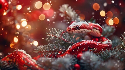 A red snake crawls on a Christmas tree. It's snowing, Christmas is coming soon