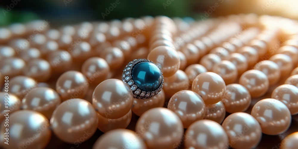 Poster a single jewel of teal blue surrounded by smooth cream pearls, each reflecting light differently, cr