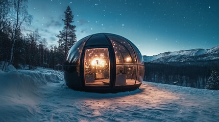 Fototapeta premium Futuristic Glass Dome Cabin in a Snowy Landscape Under a Starry Night Sky