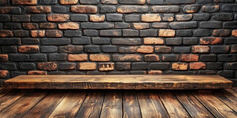 Rustic wooden shelf against a backdrop of aged brick, ready for product display