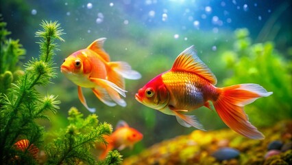 Fototapeta premium Colorful goldfish swimming alongside a small algae eater in a vibrant aquatic environment
