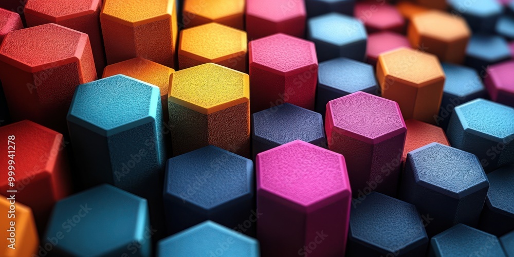 Poster A vibrant mosaic of textured hexagonal shapes, each a different shade, creates a visually striking and dynamic pattern