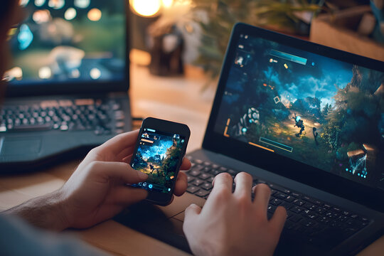  Gaming on multiple devices with immersive graphics, playing action-adventure games on laptop and smartphone, showcasing cross-platform gameplay, multi-device gaming setup, technology enthusiasts