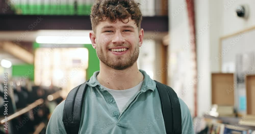 Poster man, face and smile with backpack in library for higher education, knowledge and academic books. hap