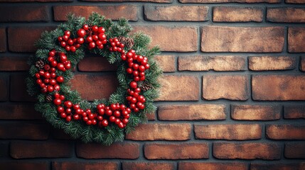 A vibrant red berry and evergreen wreath adorns a rustic brick wall, symbolizing the festive spirit of the holiday season.