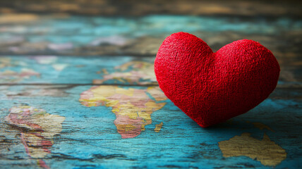 Fototapeta premium Red heart placed on a colorful world map representing love for travel and global connections