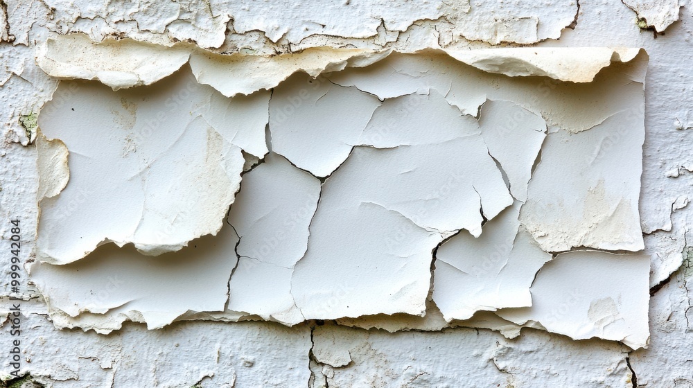 Poster white paint peeling off a wall, revealing the underlying layers of a weathered surface, creating a m