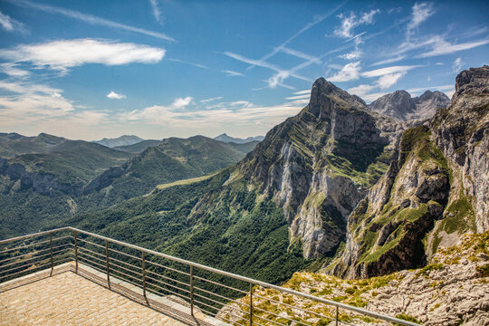 Mountain landscape view from viewing platform, Fuente De, Picos de Europa, Cantabria, Spain