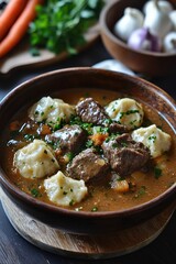 Vadas: Slow-cooked beef served in a tangy, creamy vegetable sauce with dumplings.