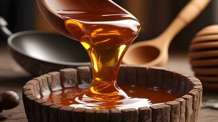Rich Golden Honey Flowing from a Wooden Spoon into a Rustic Wooden Bowl